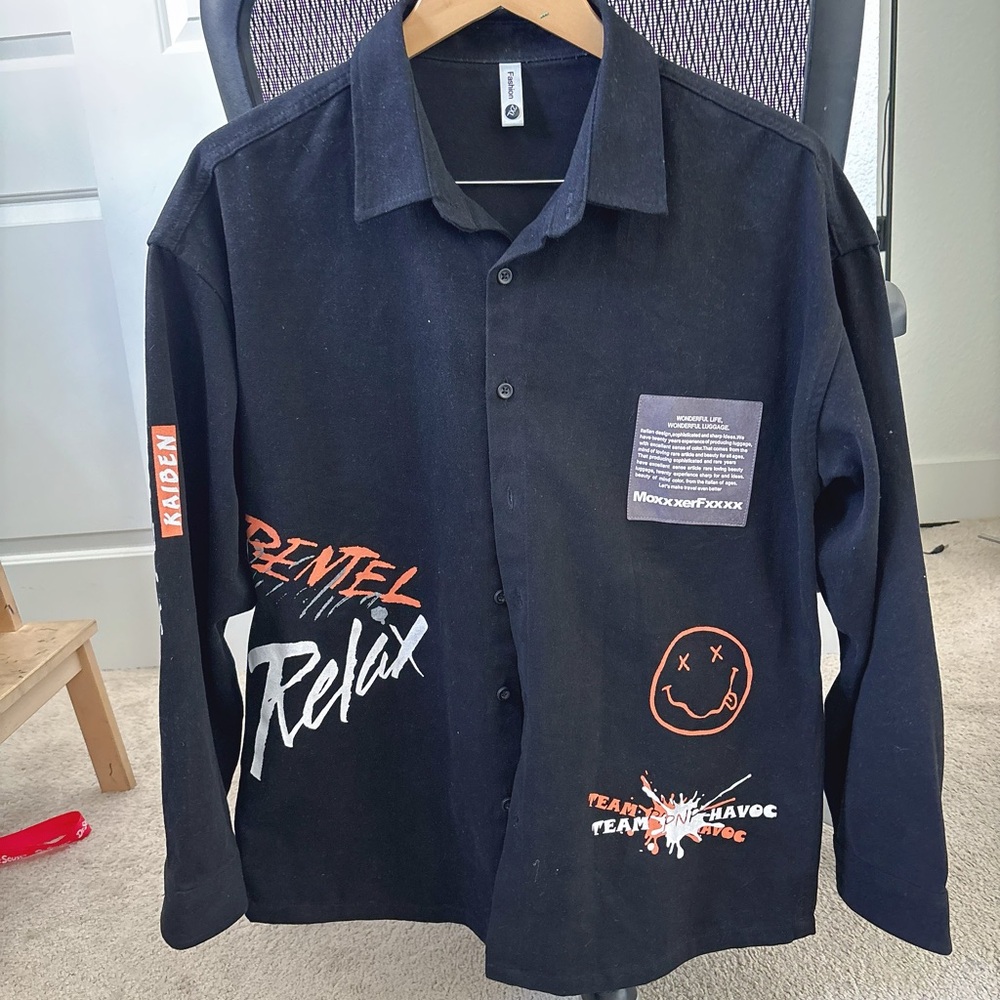 Men’s black long sleeve button-up shirt with bold streetwear graphic Tee